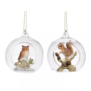 Jucarie brad pasare/veverita in glob de sticla ass/2 9cm GOODWILL