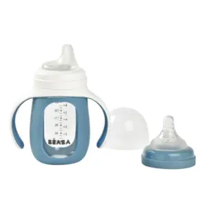 Sticla pentru a invata sa bea 2in1 Learning Bottle 210ml cu husa din silicon albastru de la 4 luni Beaba