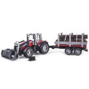 Tractor Massey Ferguson 7480 cu incarcator frontal si remorca lemn - Bruder
