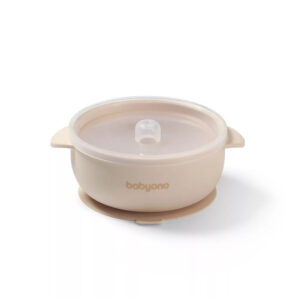 Vas din silicon cu ventuza si capac beige Babyono