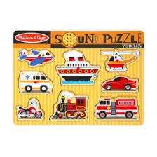 Puzzle din lemn cu sunete - Vehicule, 8 piese Melissa and Doug