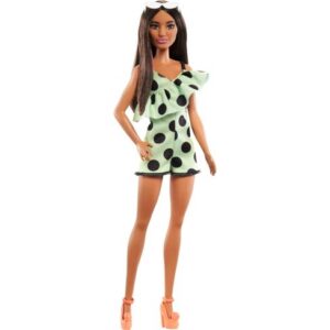 Papusa Barbie Fashionista bruneta in salopeta cu buline MATTEL