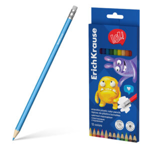 Creioane colorate hexagonal plastic cu radiera Jolly Friends 12 cul. ErichKrause