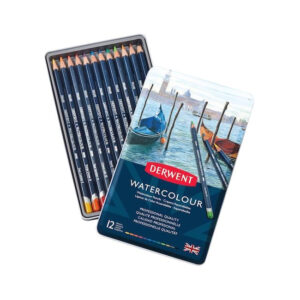 Set creioane colorate acuarela Watercolour 12 culori, in cutie metalica Derwent