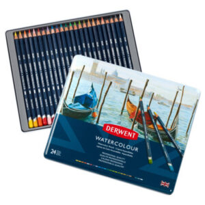 Set creioane colorate acuarela Watercolour 24 culori, in cutie metalica Derwent