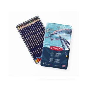 Set creioane colorate acuarela Inktense 12 culori, in cutie metalica Derwent