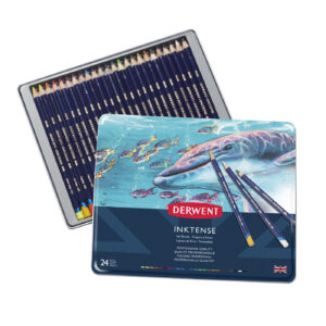 Set creioane colorate acuarela Inktense 24 culori, in cutie metalica Derwent