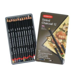 Set carbune colorat Tinted Charcoal 12 culori, in cutie metalica Derwent