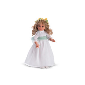 Papusa Sabrina blonda in rochie alb + centura verde 57cm ASI