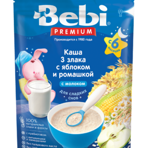 Tercii de lapte cu 3 cereale, mere si romanita 6+ luni 200g Bebi Premium