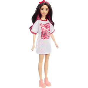 Papusa Barbie Fashionista Bruneta in rochie alba MATTEL