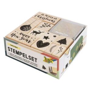 Set stampile Christmas din lemn 12 buc cu pernuta cerneala Folia